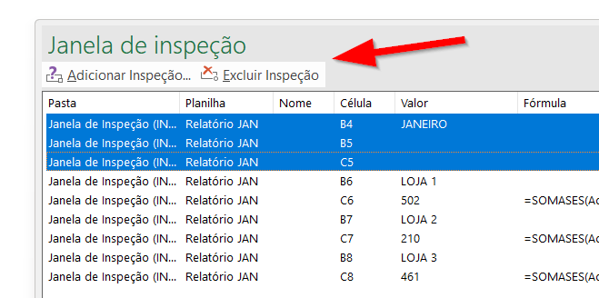 Clique em Excluir Inspeção para remover células inspecionadas