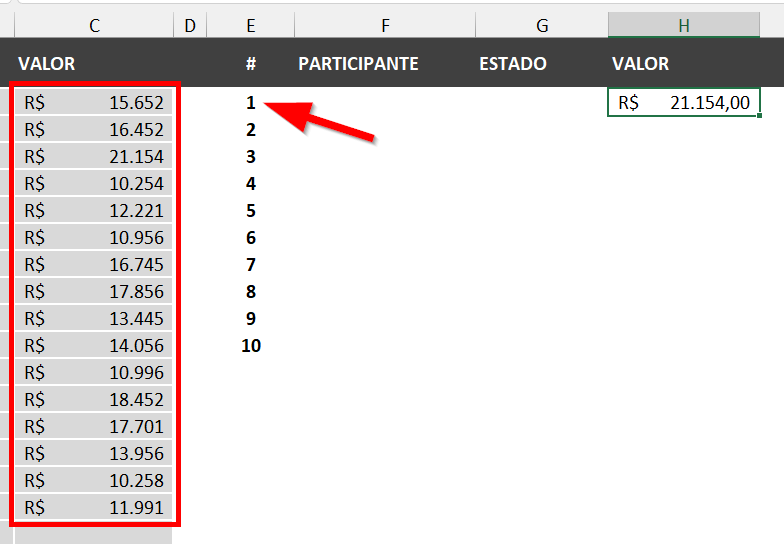 Função MAIOR buscando o maior valor usando a posição como k