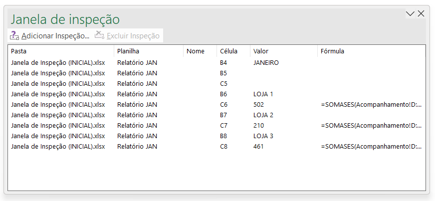 Janela de inspeção redimensionada