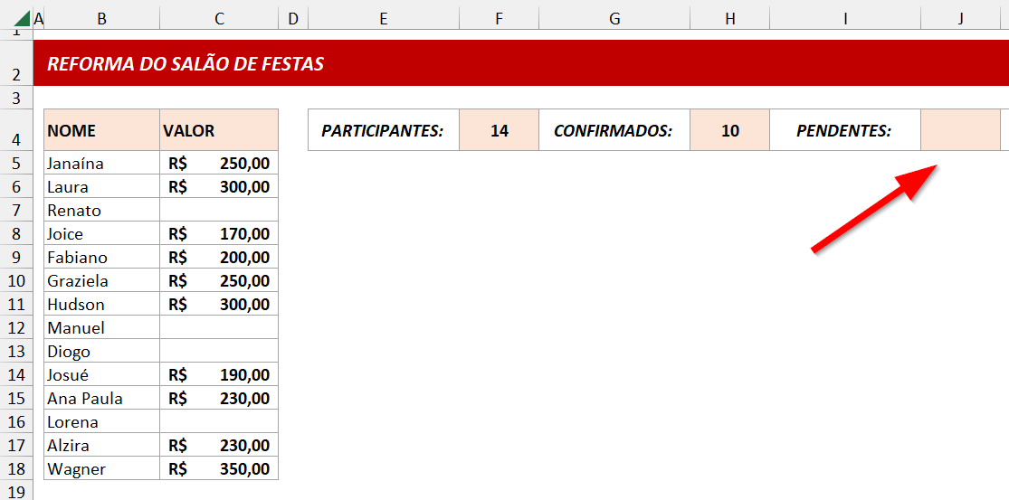 Número de participantes pendentes a ser calculado com CONTAR.VAZIO