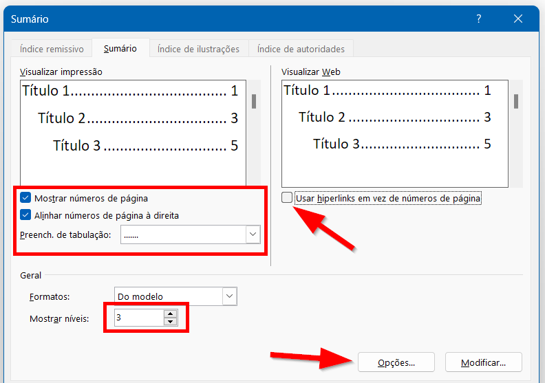 Opções de personalização do sumário