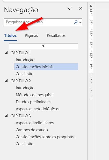 Painel de navegação com os títulos divididos por estilos