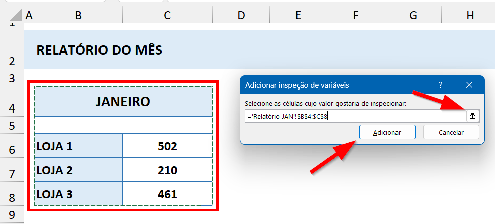 Selecione a área a ser inspecionada e clique em Adicionar