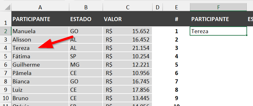 Usando a função ÍNDICE para buscar o participante