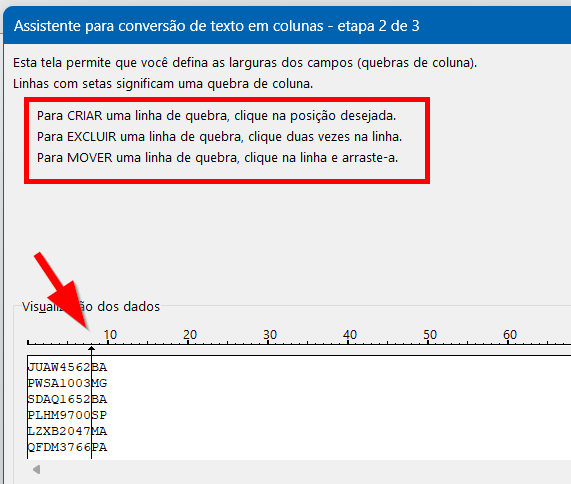 Clique na régua para marcar um delimitador