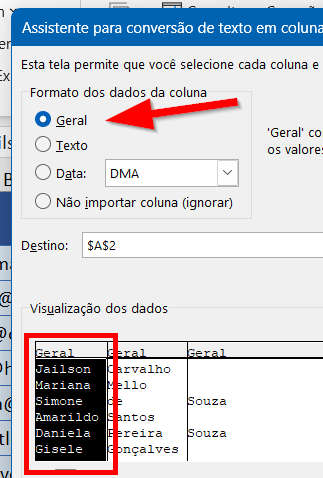 Configurações de formato para cada coluna