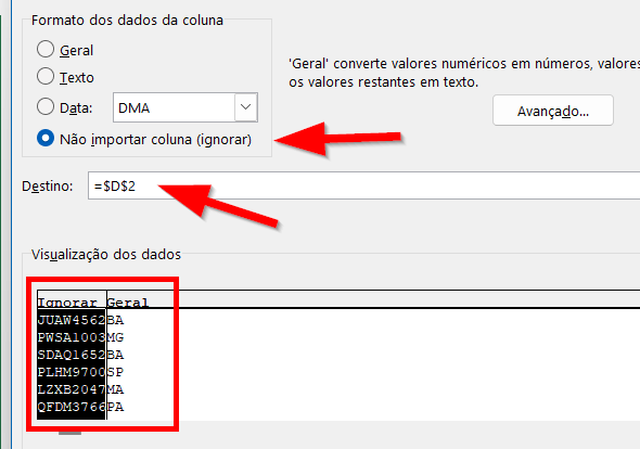 Definição das colunas a serem importadas e ignoradas e o destino dos dados