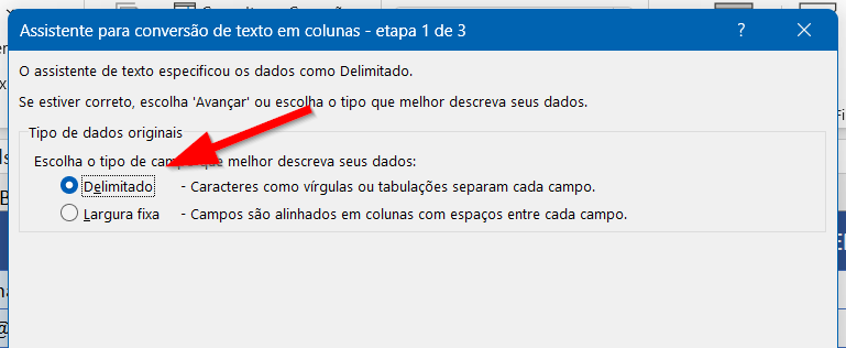 Escolha o tipo Delimitado