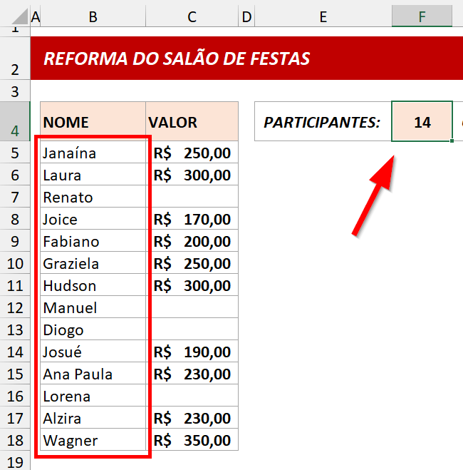 Função CONT.VALORES contando células não vazias