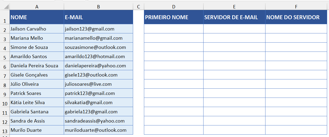 Planilha com dados a serem transformados em colunas