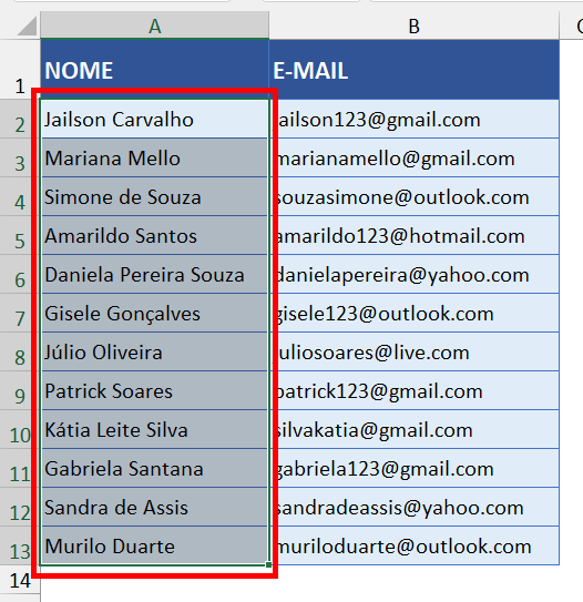 Selecione a coluna que contém os nomes a serem divididos