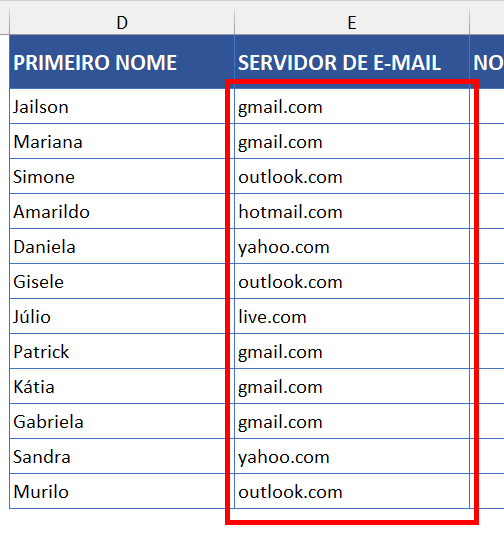 Servidores de e-mail importados em uma coluna