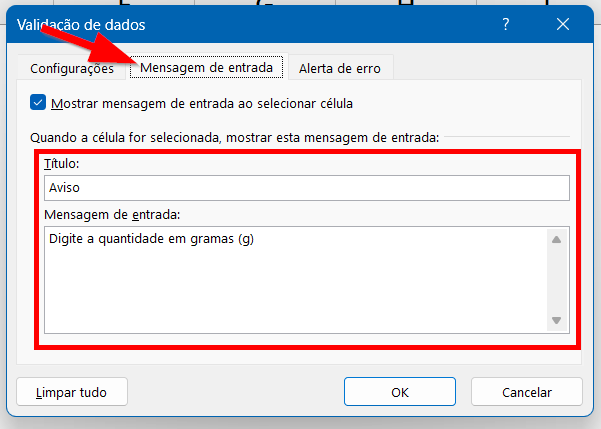 Acesse a aba Mensagem de Entrada e configure a mensagem