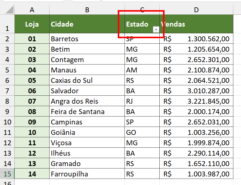 Apenas uma coluna com filtro aplicado