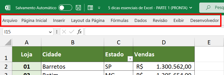 As guias ficam suprimidas, sem a faixa de opções