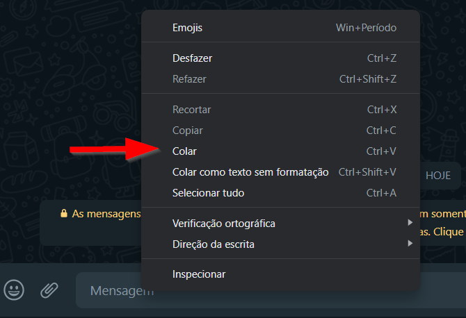 Clique na opção Colar no WhatsApp Web