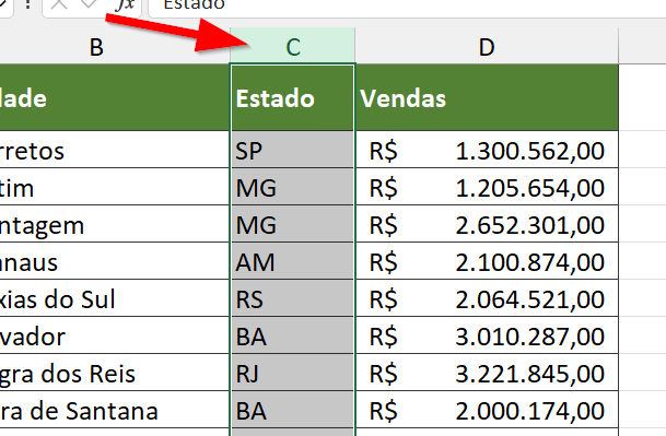 Clique sobre o título da coluna