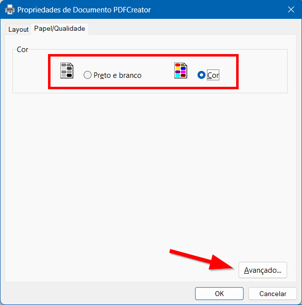 Defina a escala de cores do PDF e clique no botão Avançado