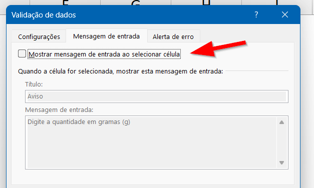 Desmarque a opção de exibição da mensagem de entrada