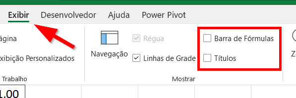 Desmarque as opções Barra de Fórmulas e Títulos