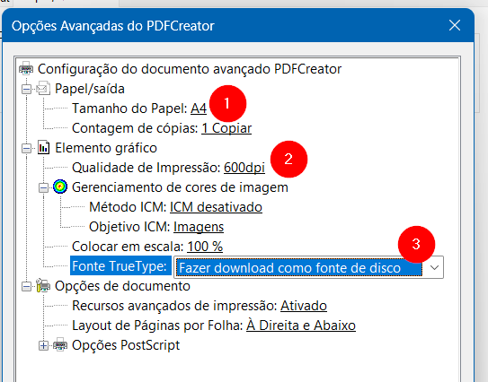 Opções avançadas do PDFCreator