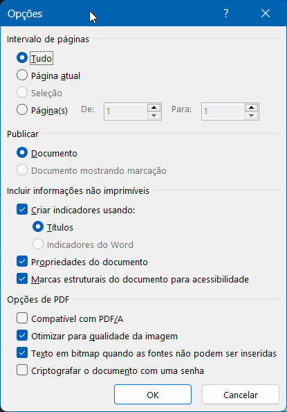 Opções de geração do PDF