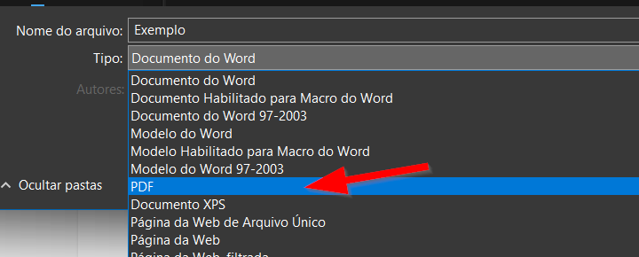 Selecione o formato PDF na caixa Tipo