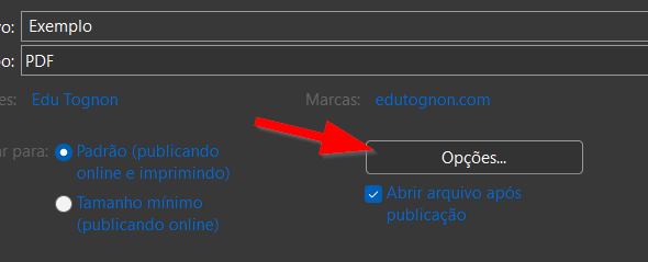 Use o botão Opções para personalizar o PDF