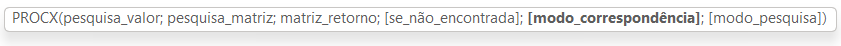 Argumentos da PROCX com o modo correspondência em destaque