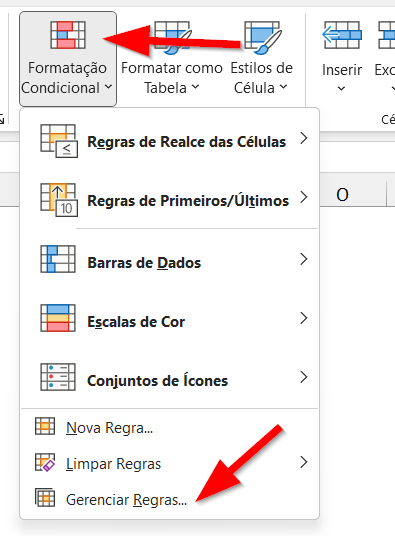 Clique em Formatação Condicional e em Gerenciar Regras