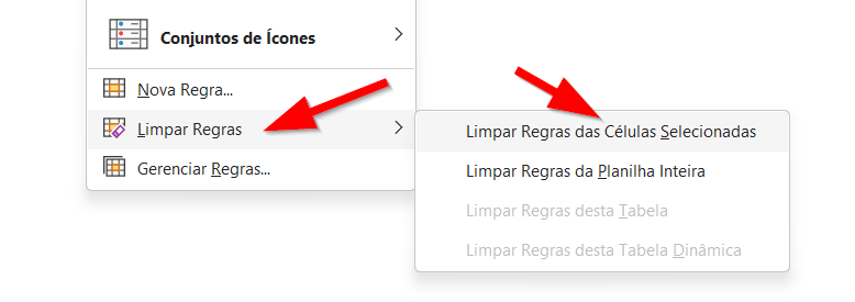 Clique em Limpar Regras das Células Selecionadas