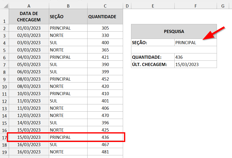 Exemplo de PROCX no modo pesquisa