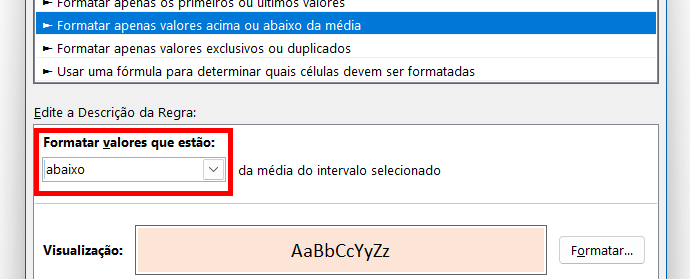 Exemplo de regra para formatar valores abaixo da média