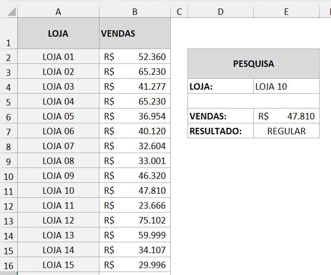 Exemplo de uso da PROCX no modo correspondência