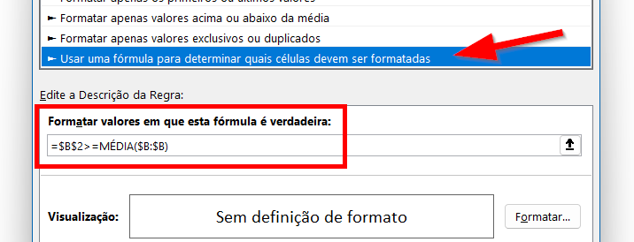 Fórmula para formatar valores iguais ou acima da média