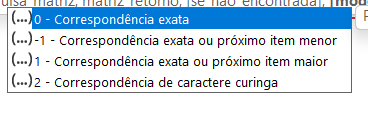 Opções do modo correspondência