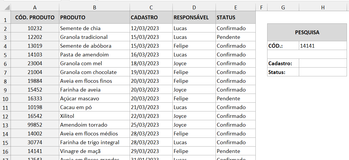 Planilha com dados a serem buscados por PROCX