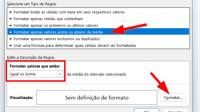 Selecione a categoria de regras para formatar valores de acordo com a média