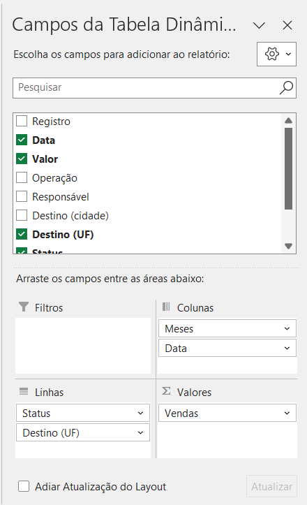 Painel de campos da tabela dinâmica