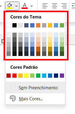 As cores do tema na paleta de cores do Excel