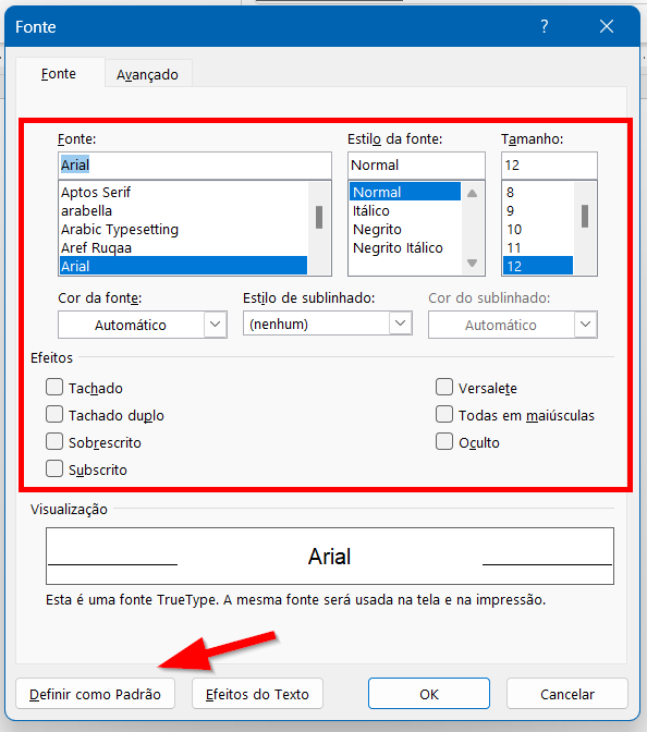 Defina as configurações de fonte e clique em Definir como Padrão