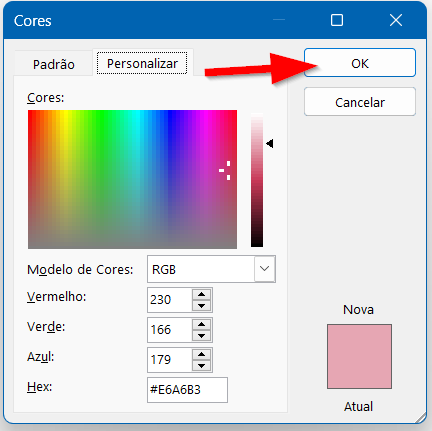 Pressione OK no painel de cores