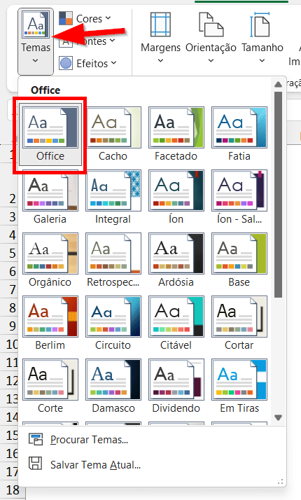 Temas do Office na guia Layout da Página