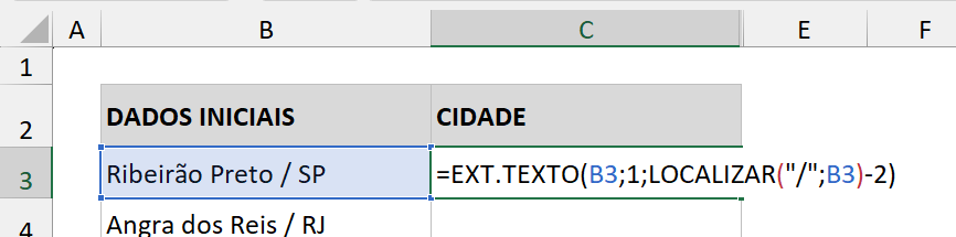 Funções LOCALIZAR e EXT.TEXTO - Exemplo 1