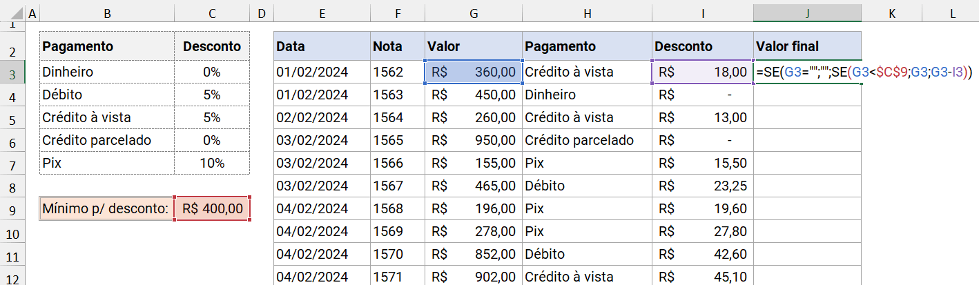 Cálculo de desconto de acordo com valor mínimo de compra