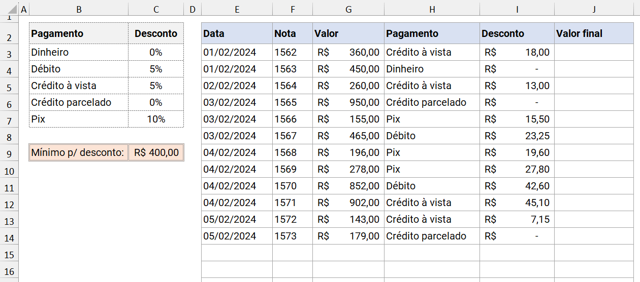 Exemplo de cálculo de desconto com valor mínimo de compra