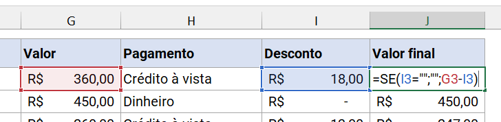 Função SE aplicando desconto e testando células vazias