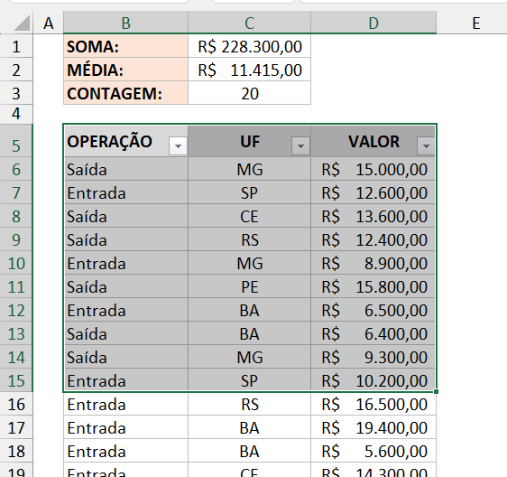 Metade da planilha selecionada