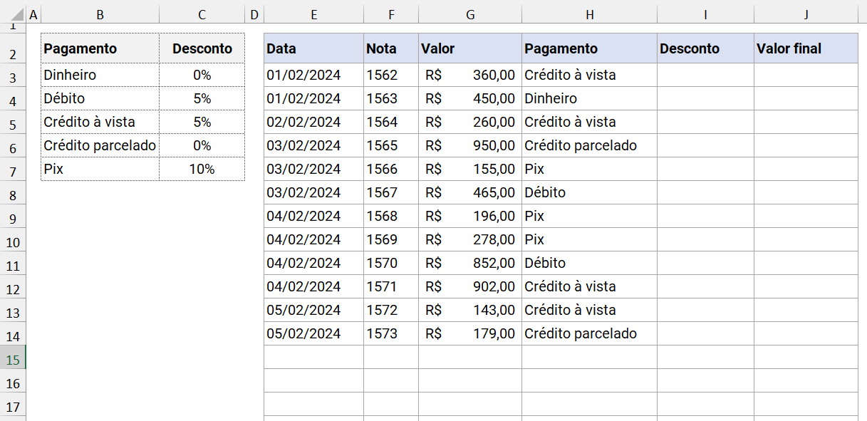 Tabela de vendas para cálculo condicional de desconto