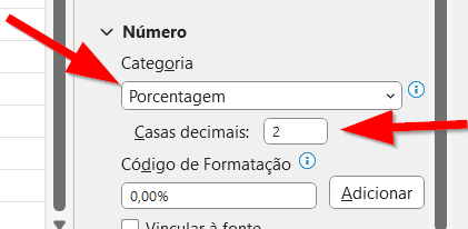 Defina a categoria de porcentagem e ajuste a quantidade de casas decimais